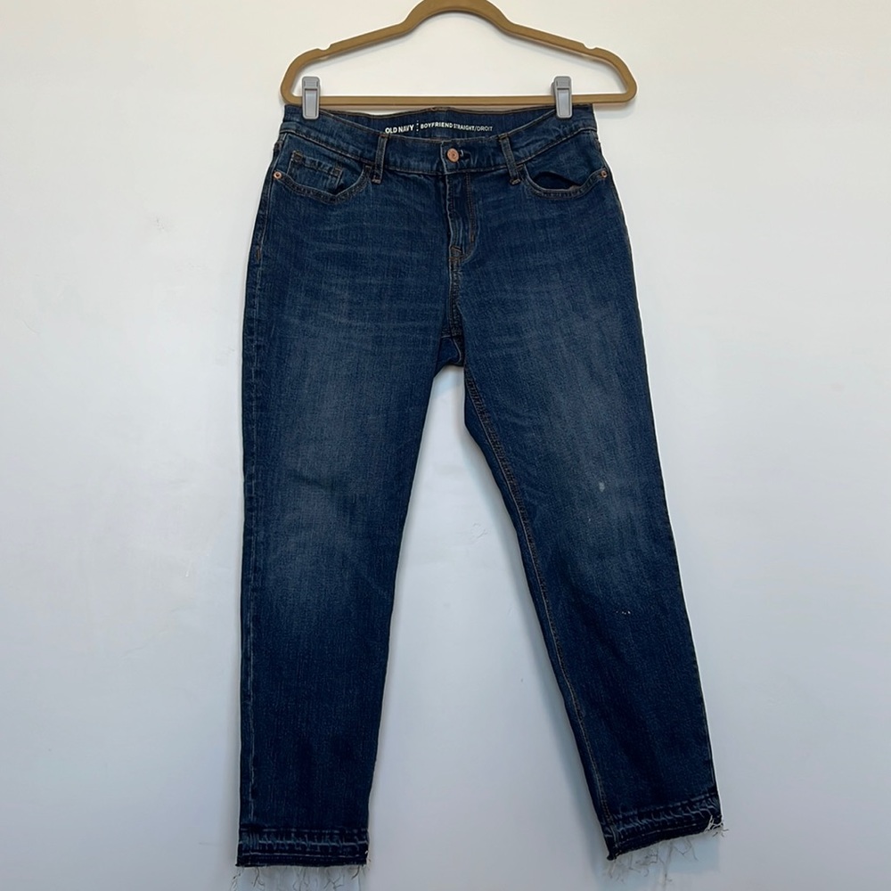 Old navy boyfriend jeans in a darker denim, distressed hem!